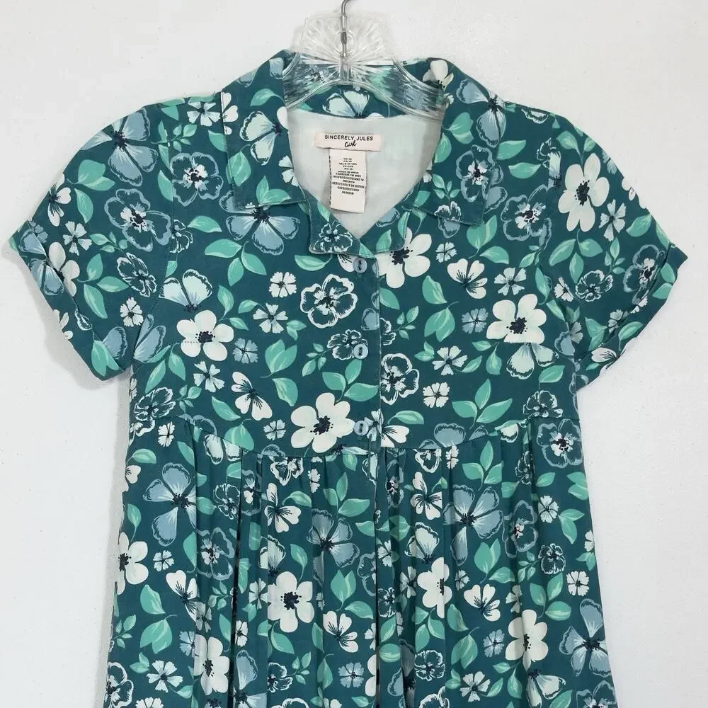 Sincerely Jules Girls Tropical Floral Tiered Midi Dress 10 Blue Green Summer